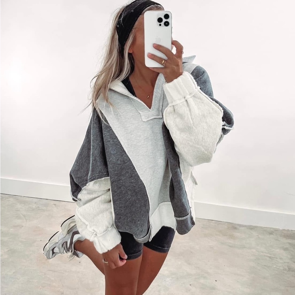AEMI + CO Oversized Colorblock Grey/White/Cream V Neck Pullover Sweatshirt - Picture 4 of 4